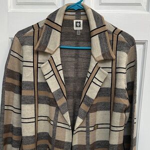 Anne Klein Long Stylish Plaid Sweater with Gold Buttons